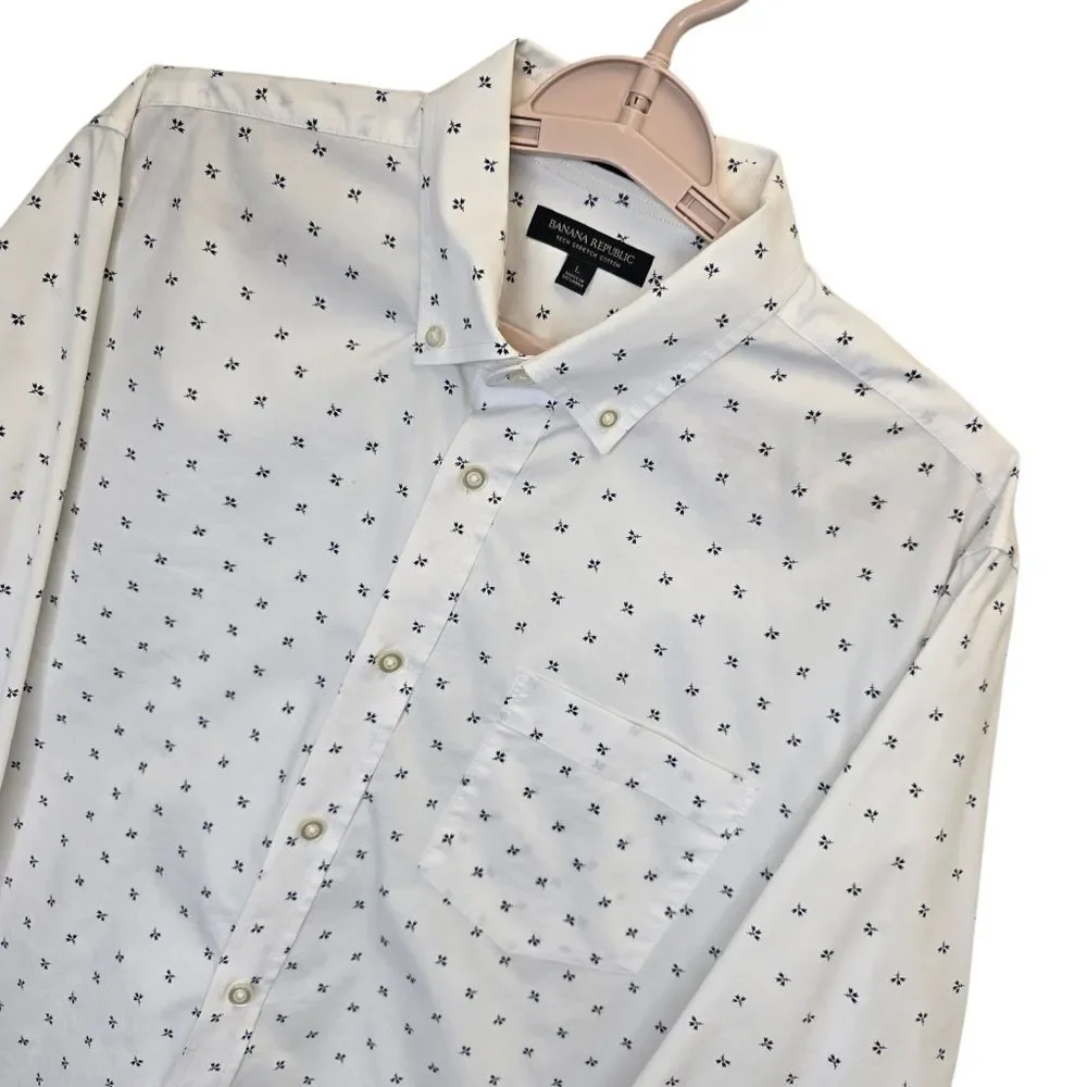 Banana Republic Mens L Tech Stretch Cotton White Blue Floral Pattern Shirt